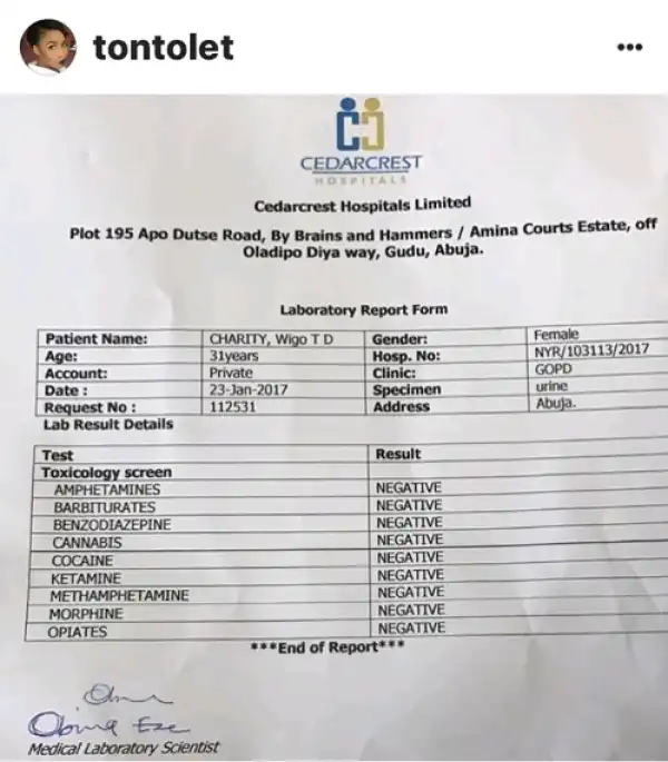 Tonto Dikeh shares her test result to debunk reports that she was smoking while breastfeeding